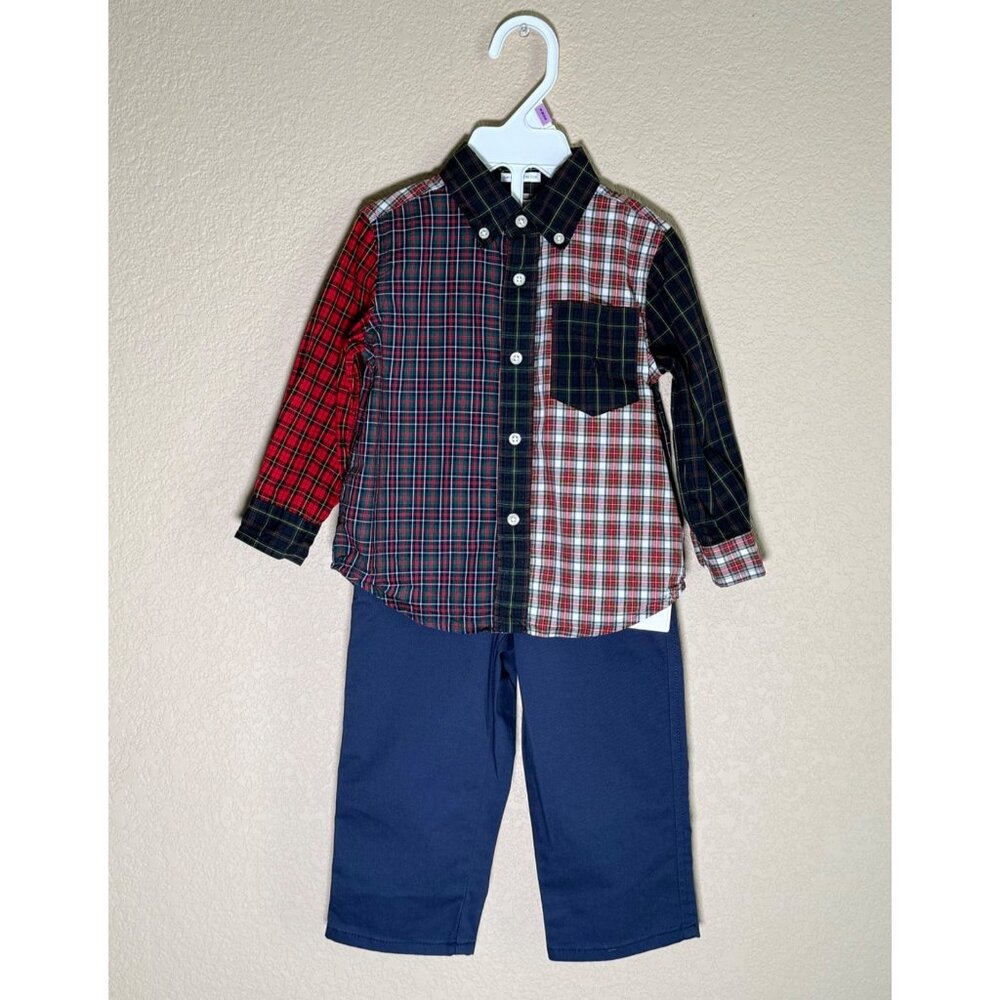 Ralph Lauren Baby Boys 2-PC Set Plaid Button-Up Shirt & Navy Stretch Pants